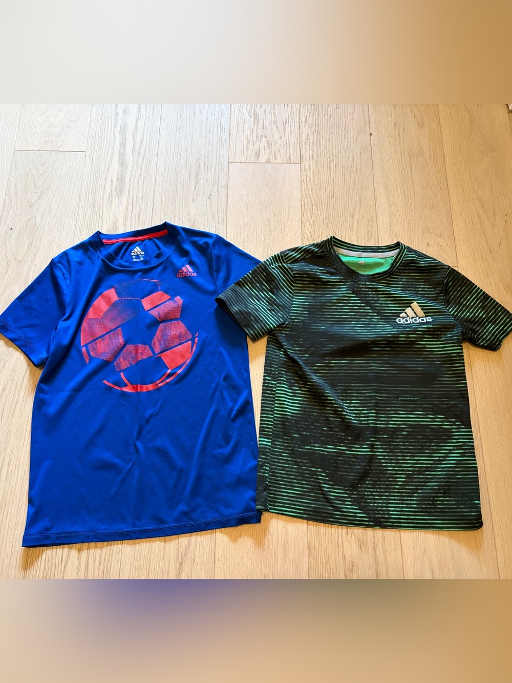 adidas Tee with Soccer Graphic & adidas Striped Tee.  Both athletic material.